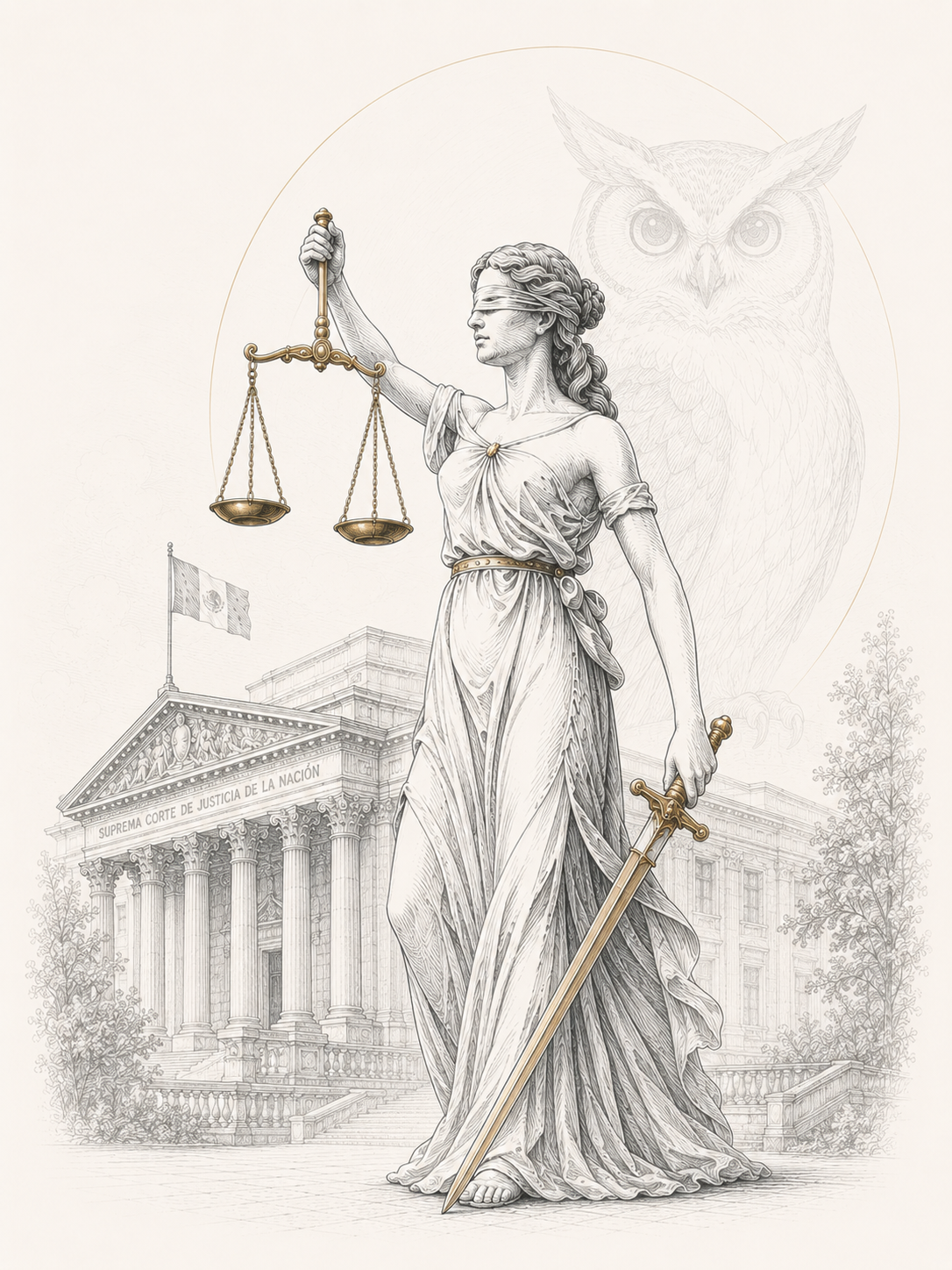 Alegoría de la justicia con Themis, la Suprema Corte de Justicia de la Nación y un búho como símbolo de sabiduría